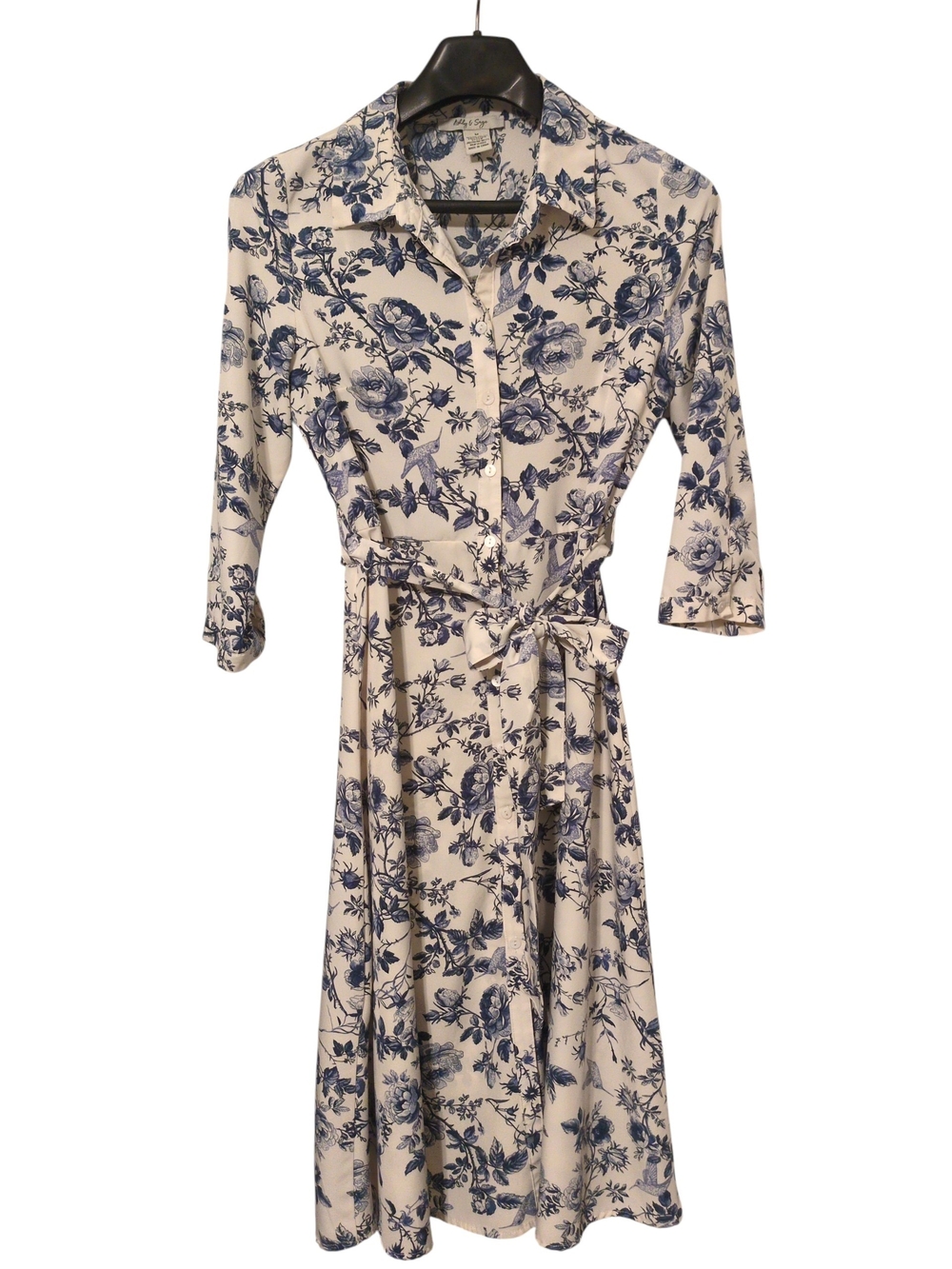 Ashley & Sage Blue Floral Button-Up Dress With Tie Belt Size M 3/4 Sleeve